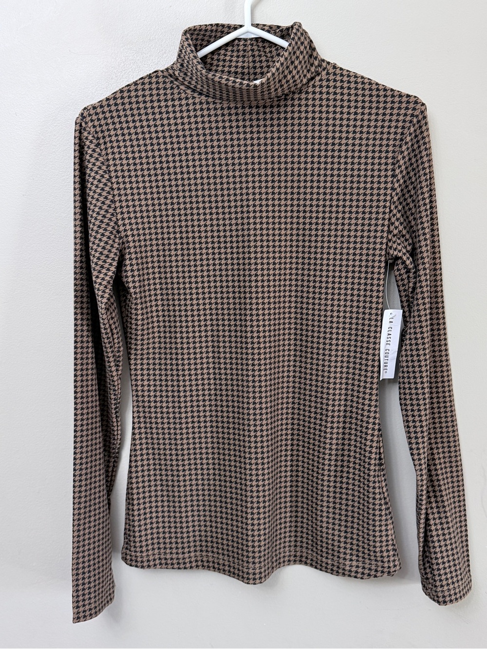 La Classe Couture Brown Houndstooth Turtleneck Top Size S